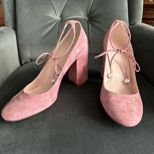 KATE SPADE GENA HEELS PINK SUEDE BLOCK HEEL ANKLE TIES WITH PEARLS SIZE 8